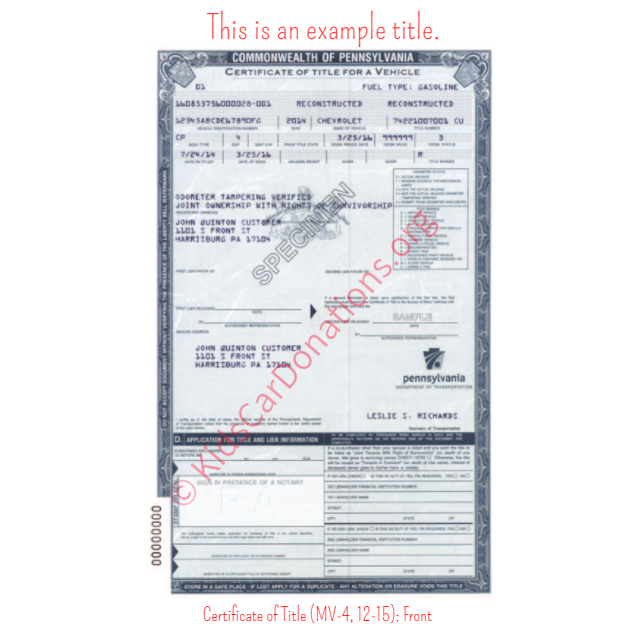 This is an Example of Pennsylvania Certificate of Title (MV-4, 12-15) Front View | Kids Car Donations